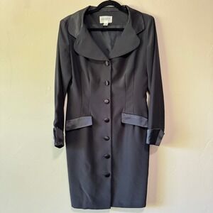 VTG Hugo Buscati Milano Black Satin Trim Button Front Blazer Dress Womens Size 8